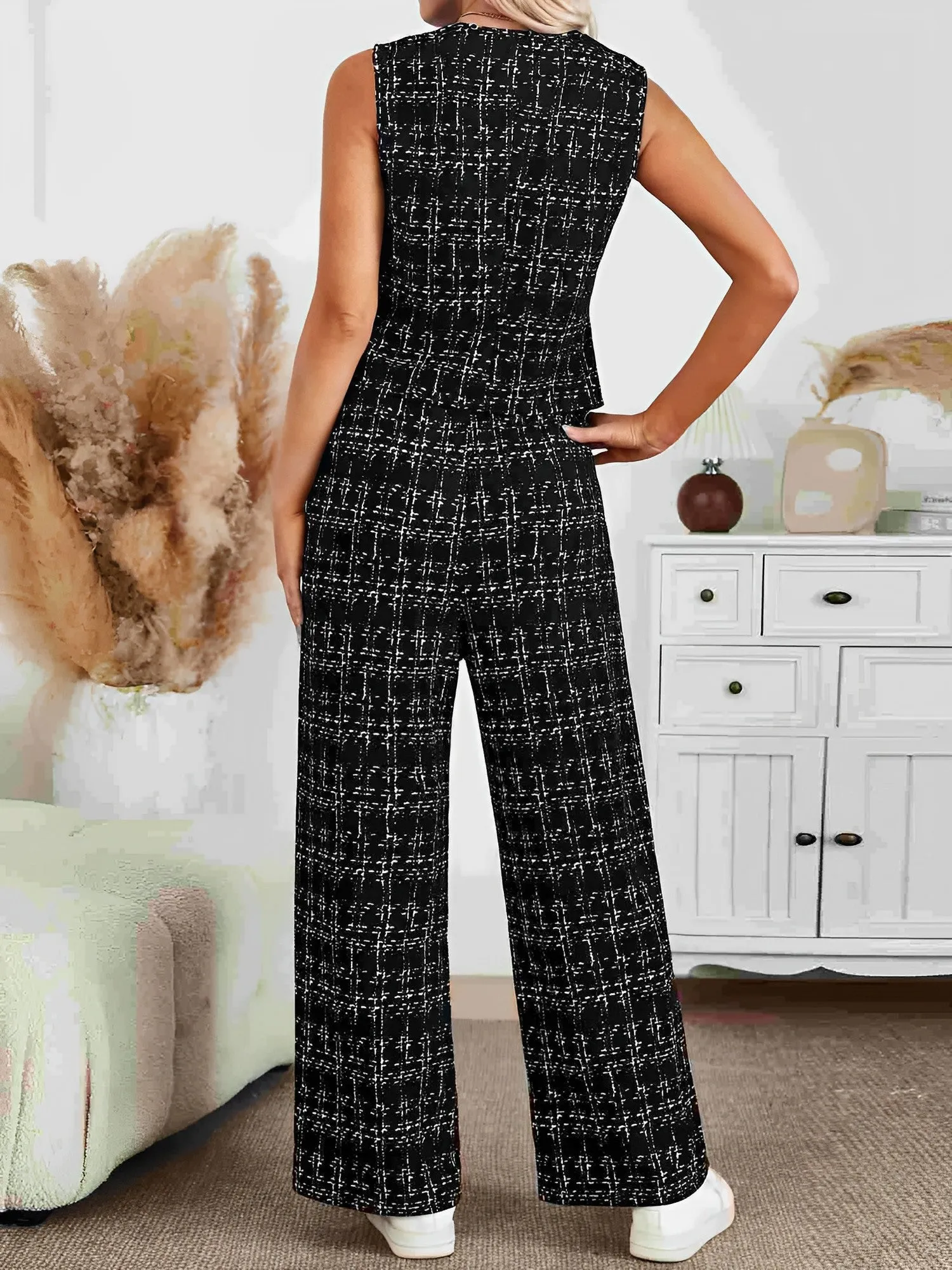 2 Pieces Tweed Plaid Sleeveless Vest & Wide Leg Pants Set