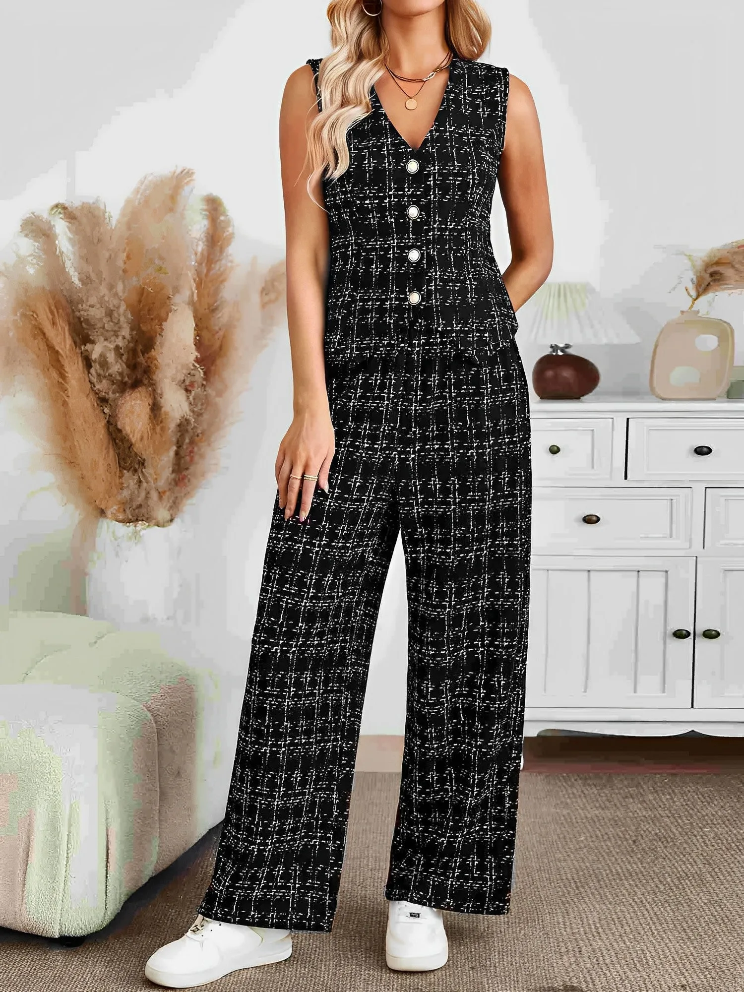 2 Pieces Tweed Plaid Sleeveless Vest & Wide Leg Pants Set