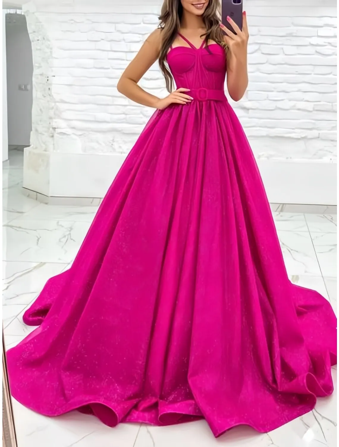 A-Line Evening Gown Elegant Dress Formal Court Train Sleeveless Sweetheart Sequined with Pleats Sequin