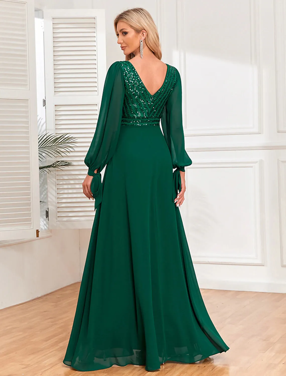 A-Line Evening Gown Empire Dress Evening Party Wedding Reception Floor Length Long Sleeve V Neck Fall Wedding Guest Chiffon V Back with Sequin