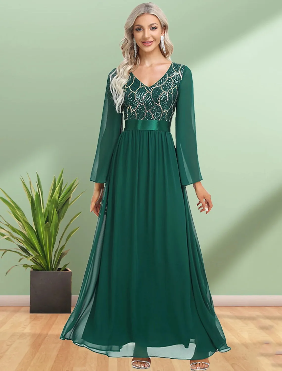 A-Line Evening Gown Sparkle & Shine Dress Party Wear Wedding Guest Floor Length Long Sleeve V Neck Chiffon with Sequin