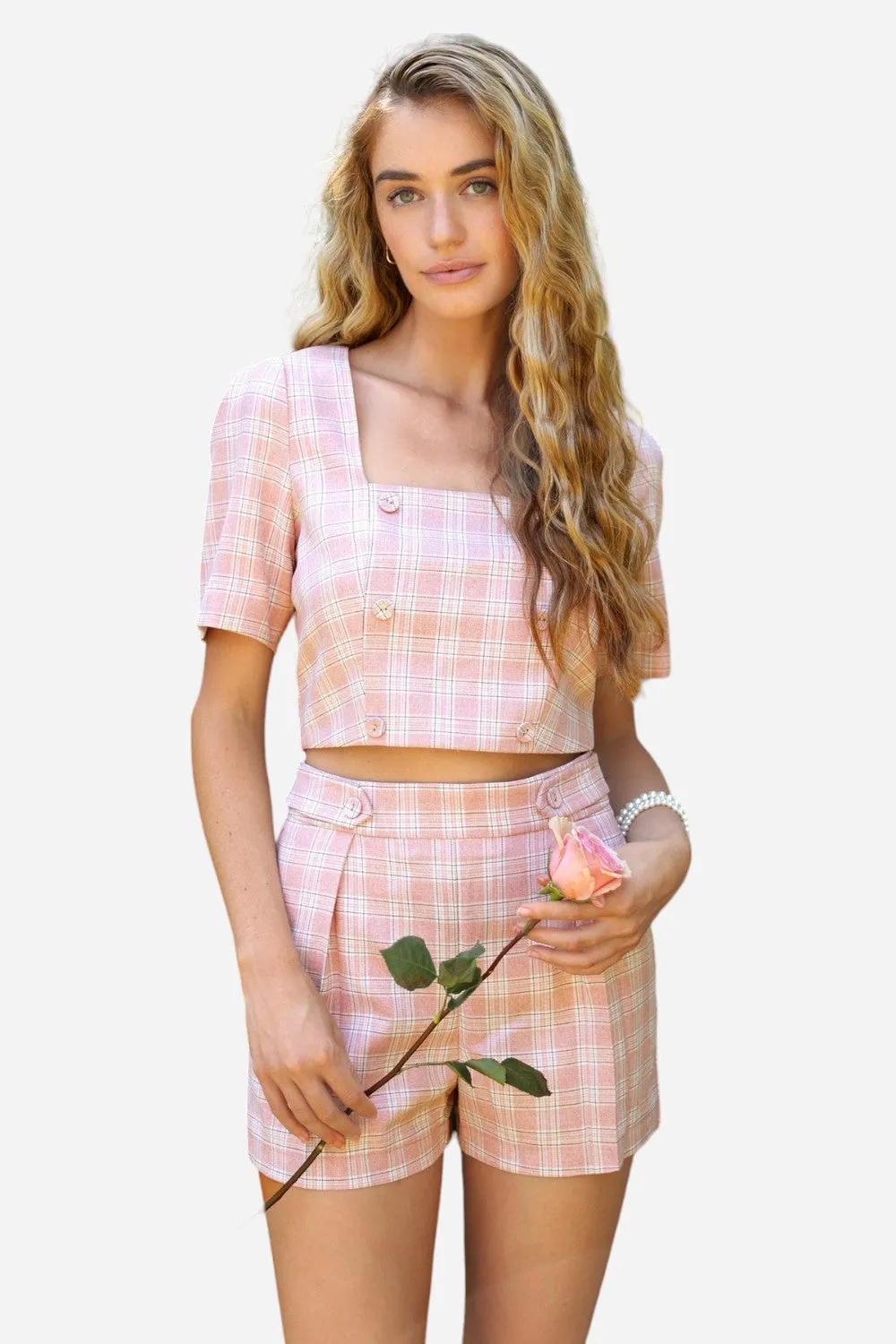 Adelyn Rae Violet Plaid Double Breasted Crop Top in Cotton Candy