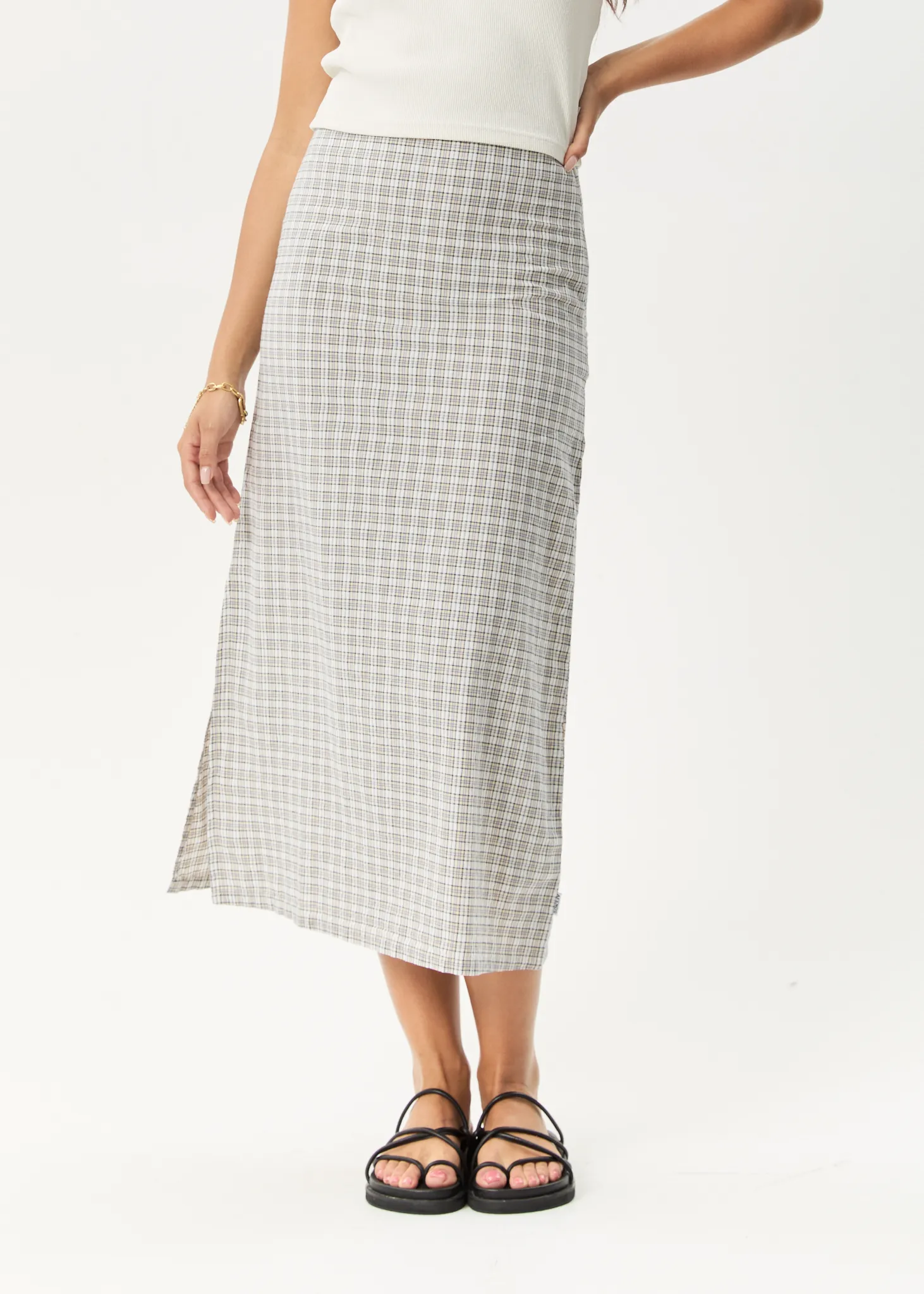 AFENDS Womens Drew - Seersucker Midi Skirt - Taupe Check