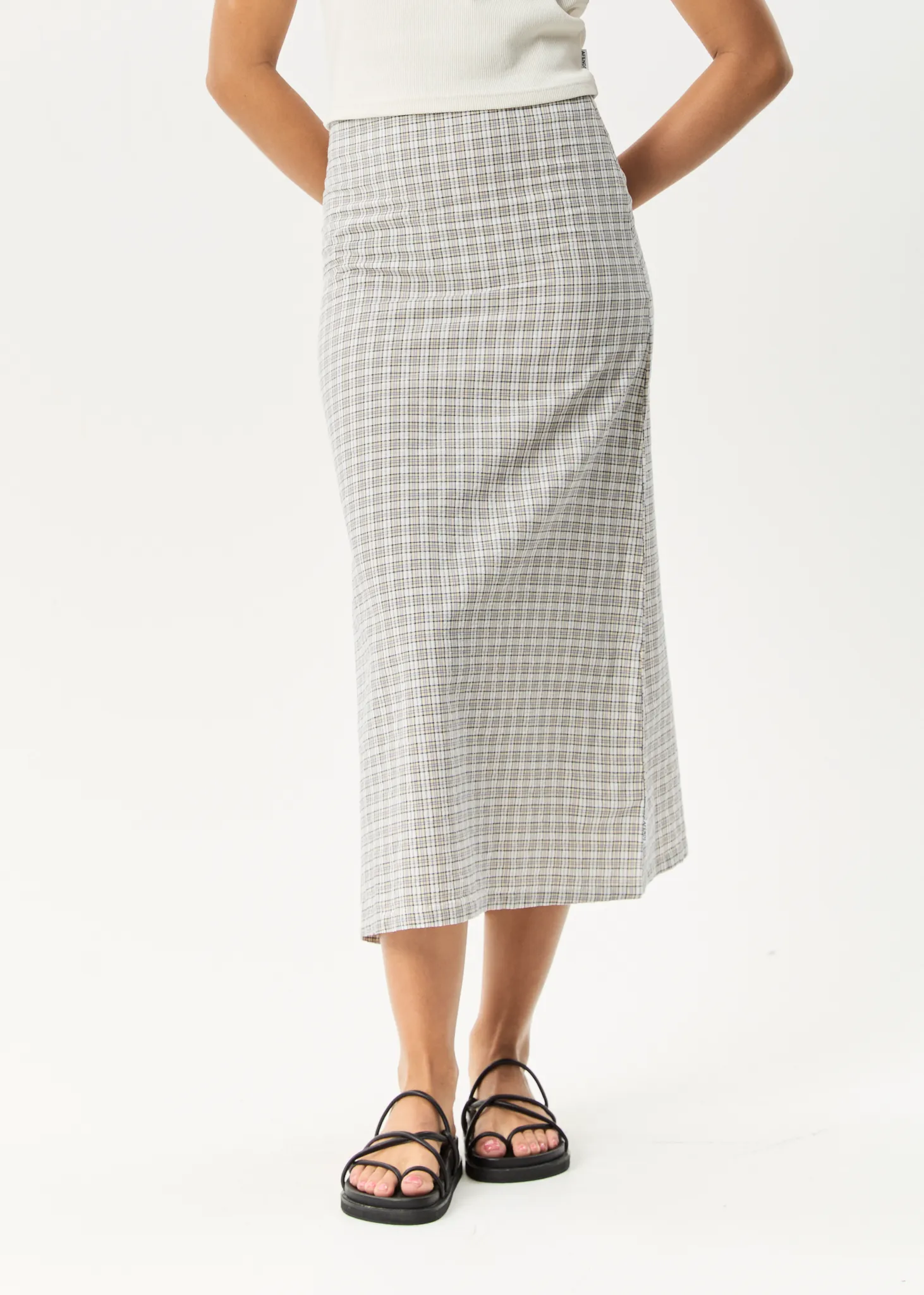 AFENDS Womens Drew - Seersucker Midi Skirt - Taupe Check