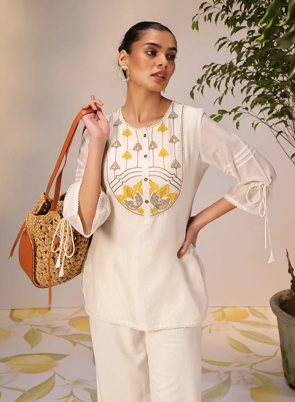 Aleena Ivory Embroidered Chanderi Top for Women