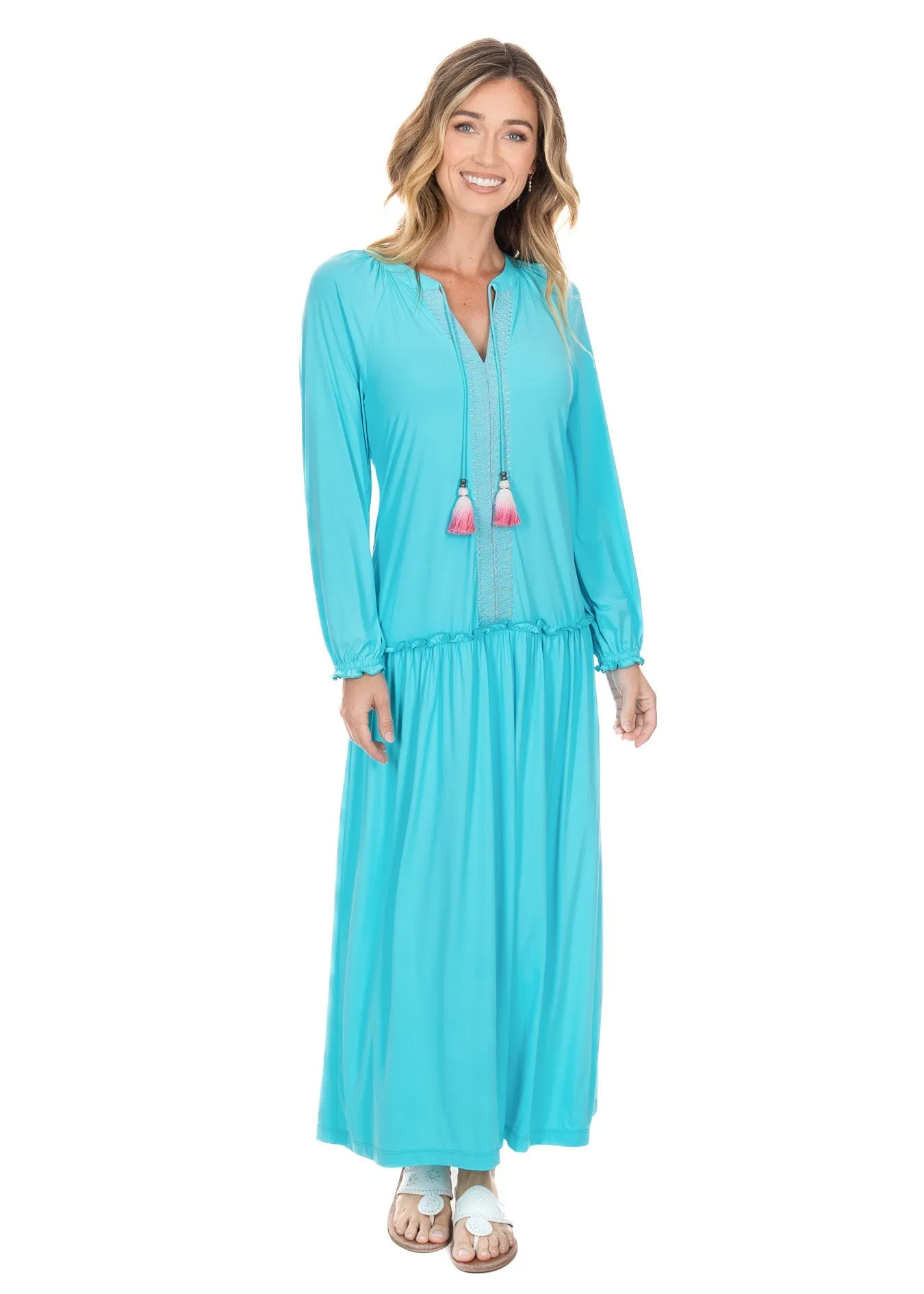 Aqua Embroidered Tunic Maxi Dress