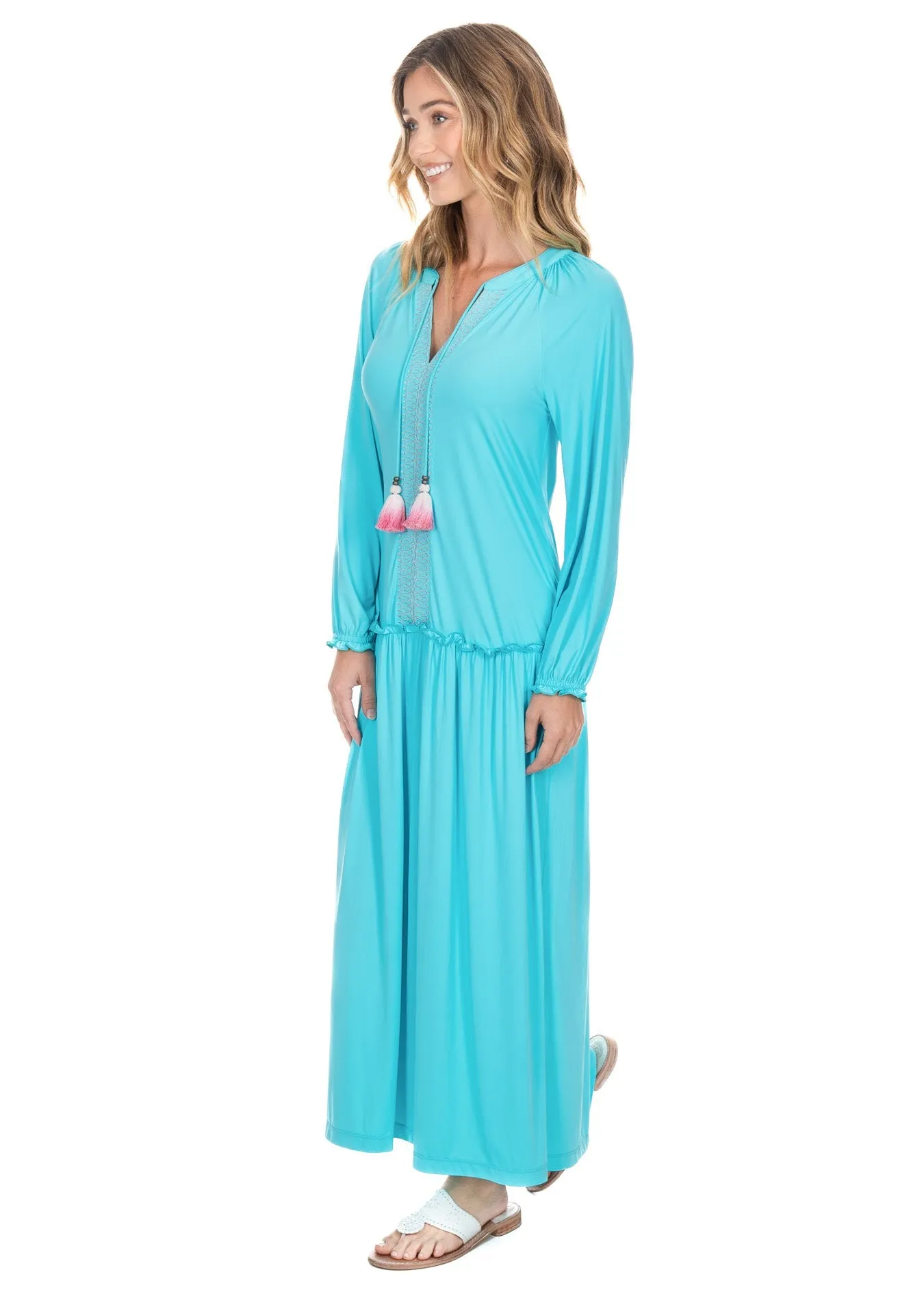 Aqua Embroidered Tunic Maxi Dress