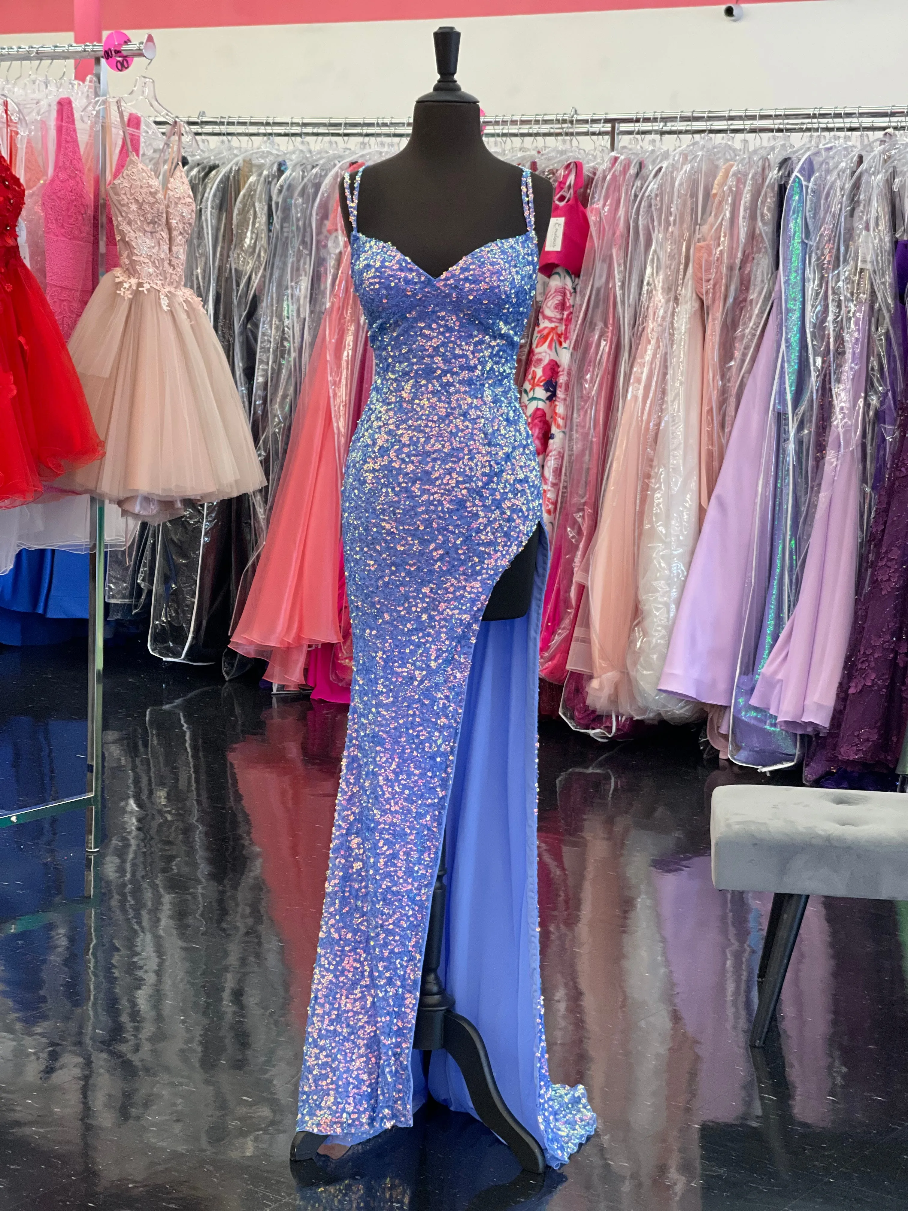 Ashley Lauren 11342 Periwinkle Size 2,4,6 Long Sequin Prom Dress High Slit V Neckline Evening Gown