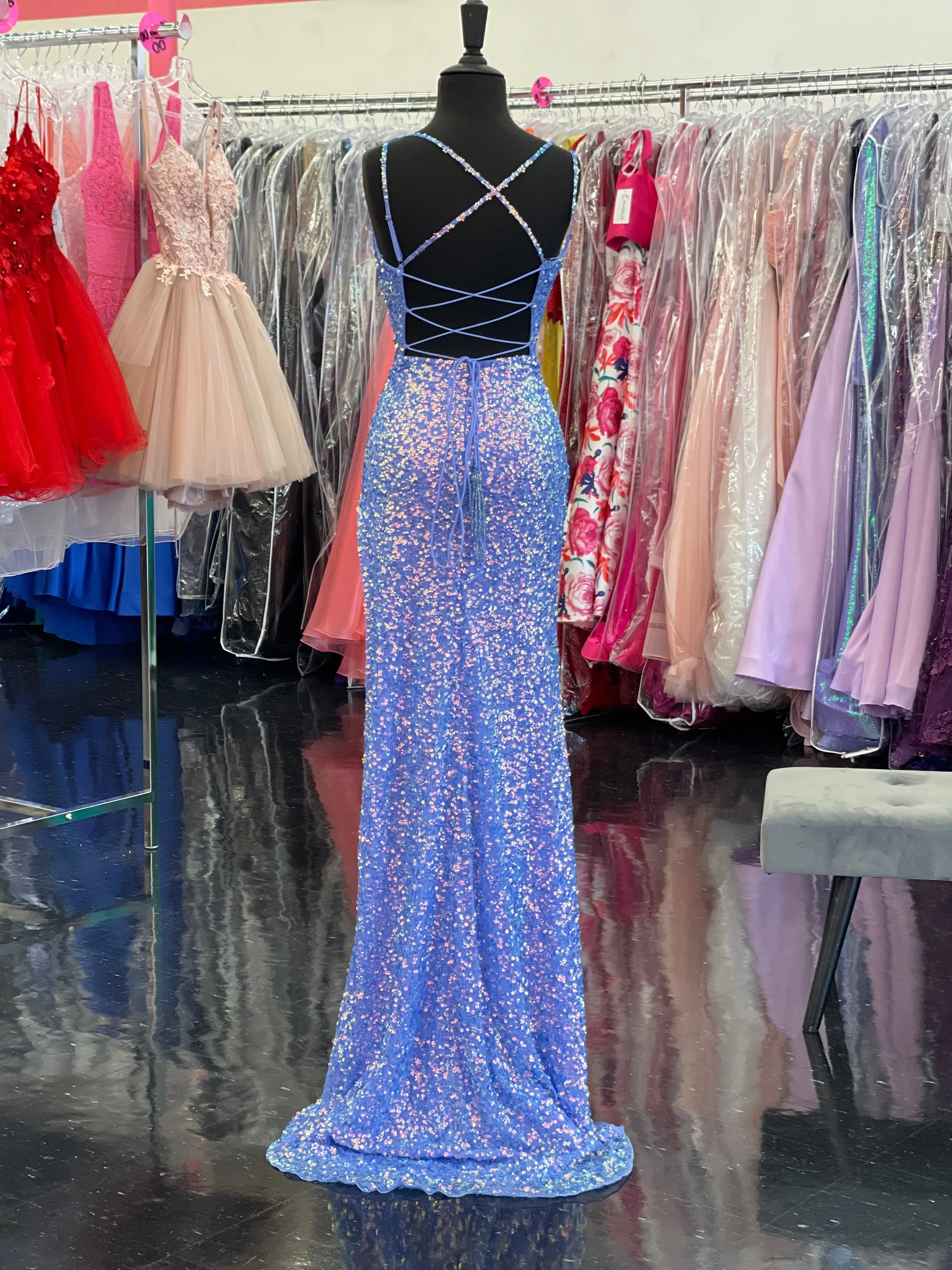 Ashley Lauren 11342 Periwinkle Size 2,4,6 Long Sequin Prom Dress High Slit V Neckline Evening Gown