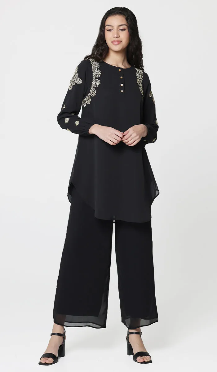 Azmi Gold Embroidered Long Modest Tunic - Black