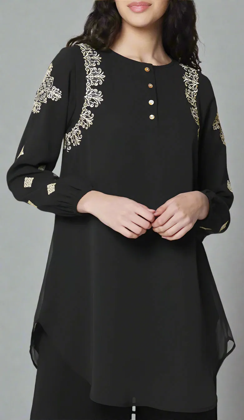 Azmi Gold Embroidered Long Modest Tunic - Black