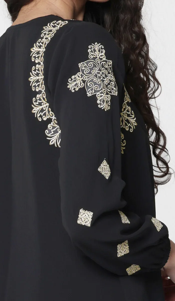 Azmi Gold Embroidered Long Modest Tunic - Black