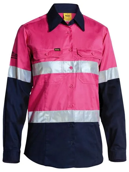 BISLEY BL6896 WOMENS 3M TAPED TWO TONE HI VIS COOL LIGHTWEIGHT L/S SHIRT - PINK