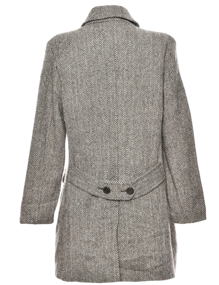 Black & Light Grey Herringbone Tweed Wool Coat - L