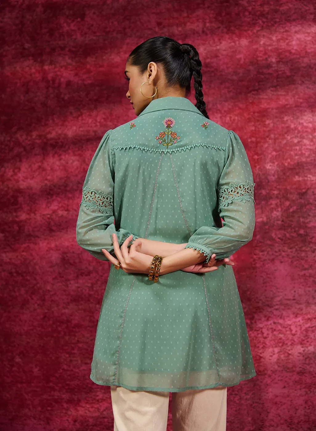 Breeze Sea Green Embroidered Georgette Shirt for Women