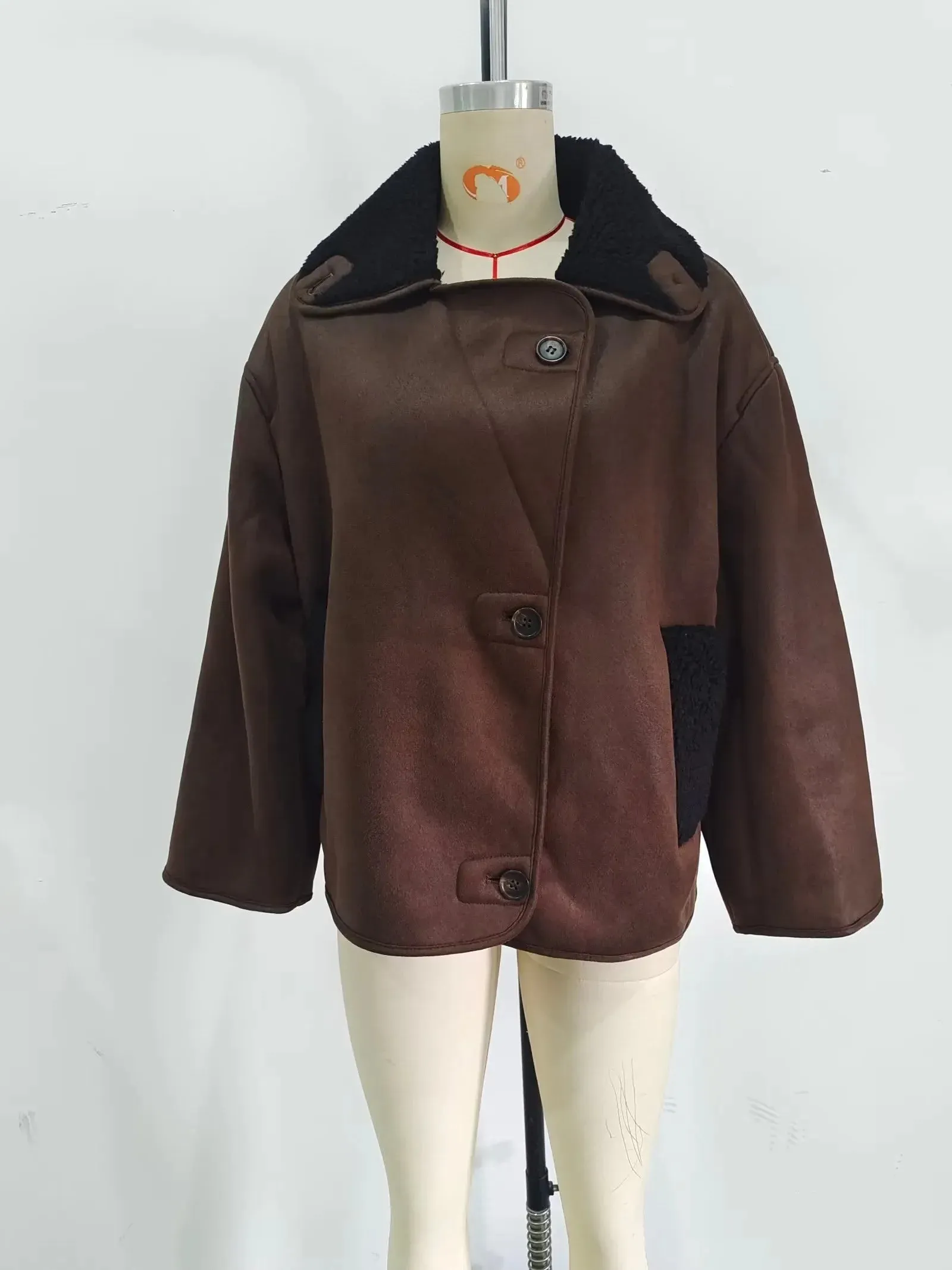 Brown Faux Leather Charming Black Lining Fur Jacket