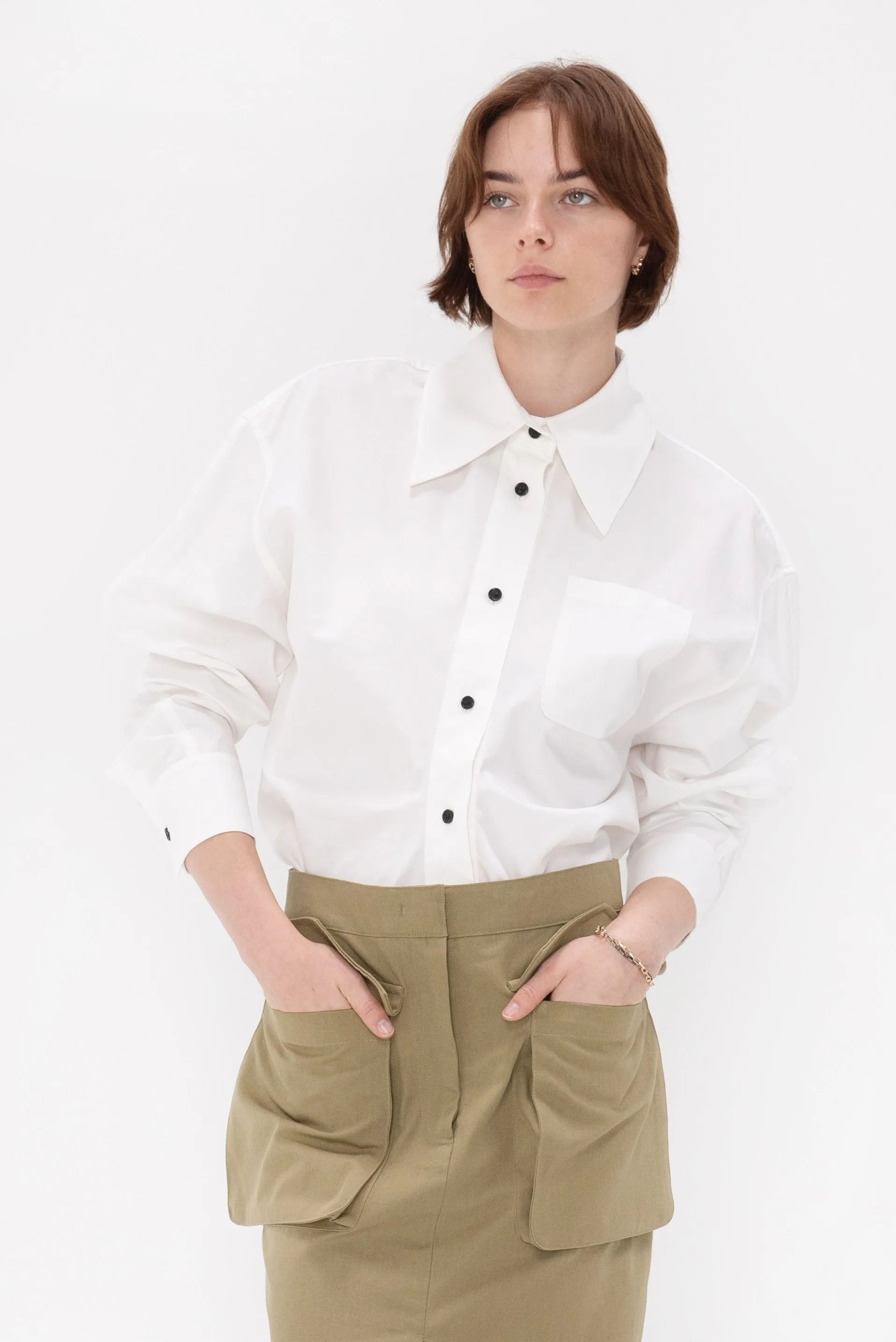 Button Down Banana Shirt in Cotton, Optic White