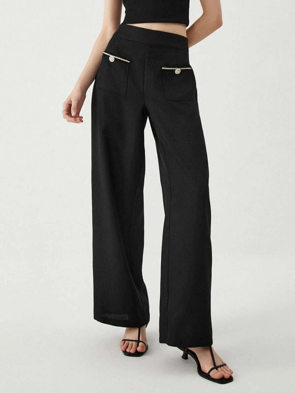 Contrast Trim Pocket Trendy Wide Leg Pants