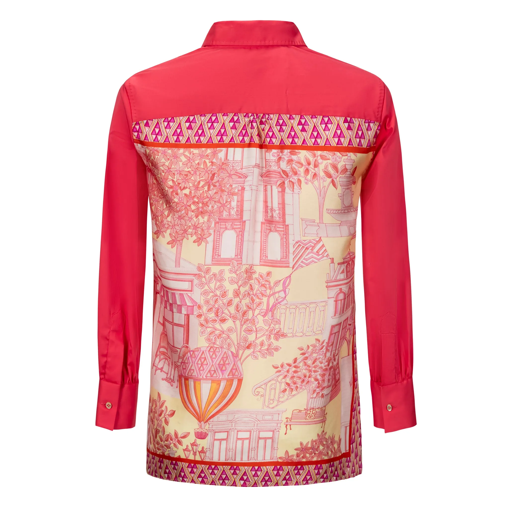 Cotton Button Down Blouse with Printed Silk Back - Pink