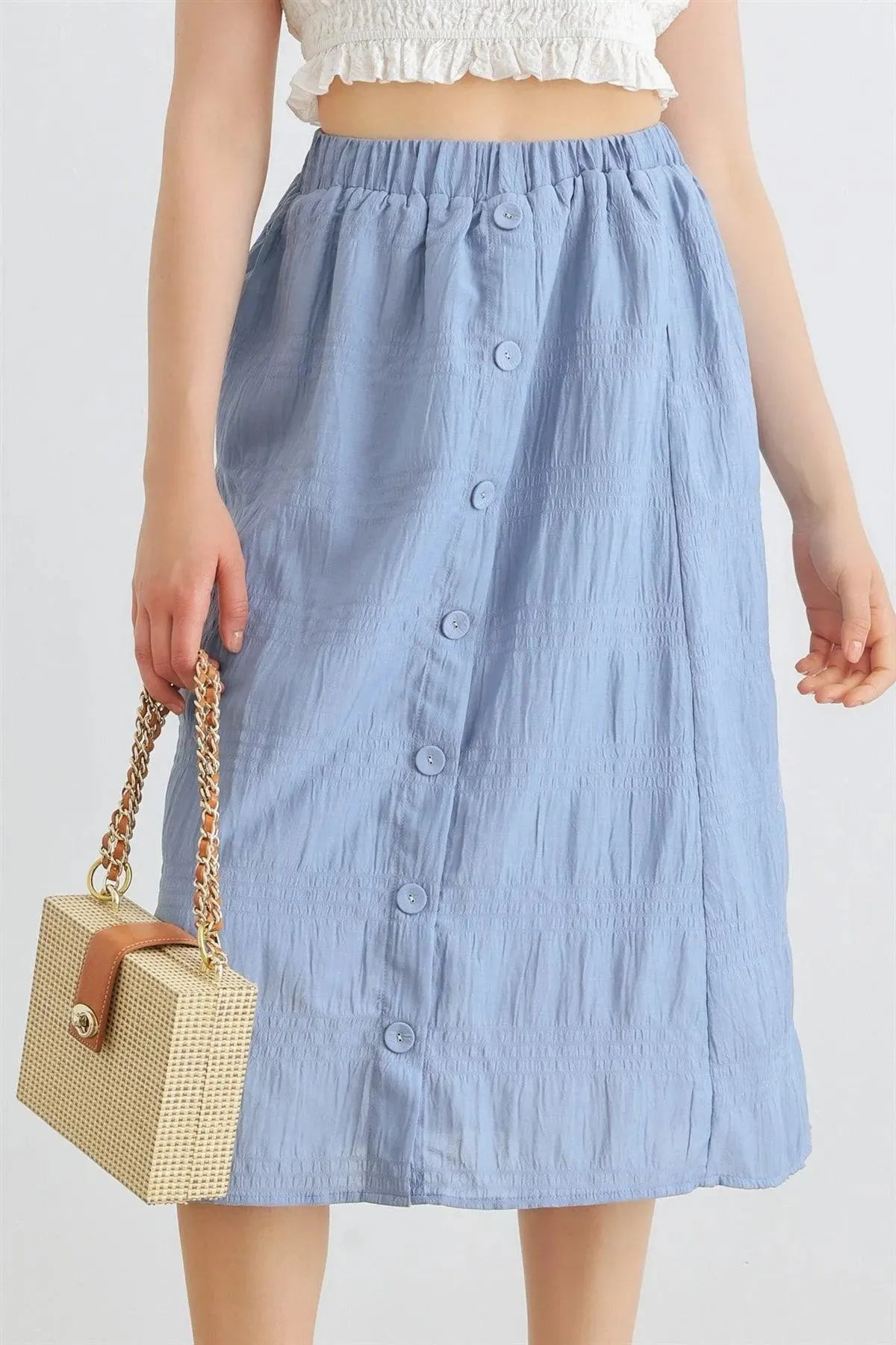 Denim Blue High Waist Front Button Midi Skirt /2-2-2