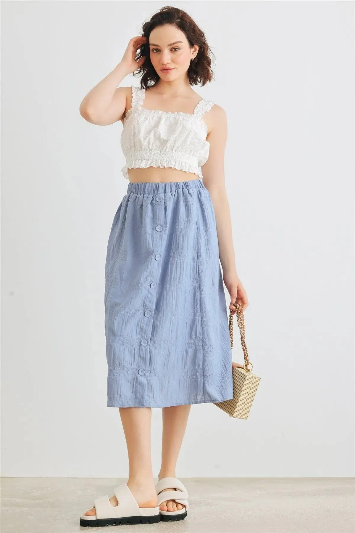 Denim Blue High Waist Front Button Midi Skirt /2-2-2