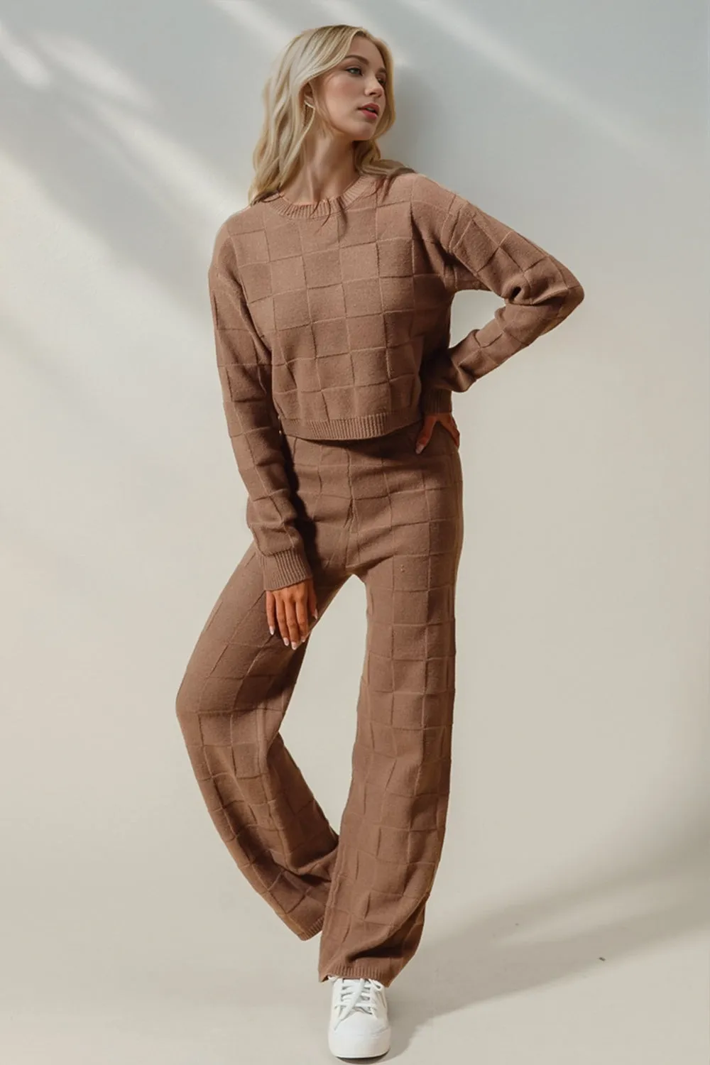 Double Take Checkered Round Neck Top and Pants Set