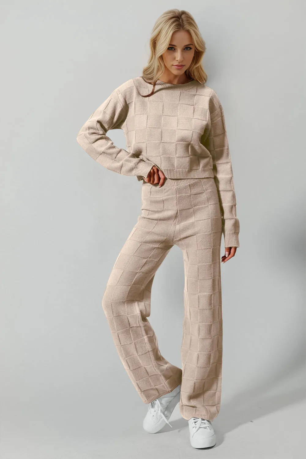 Double Take Checkered Round Neck Top and Pants Set