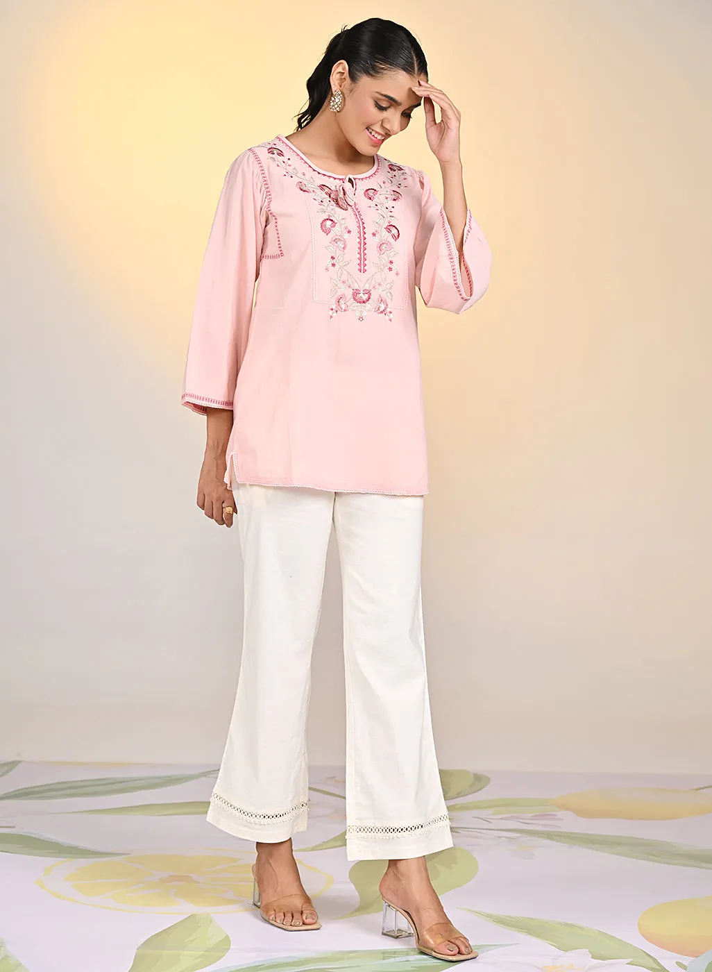 Elnaz Peach Embroidered Top For Women