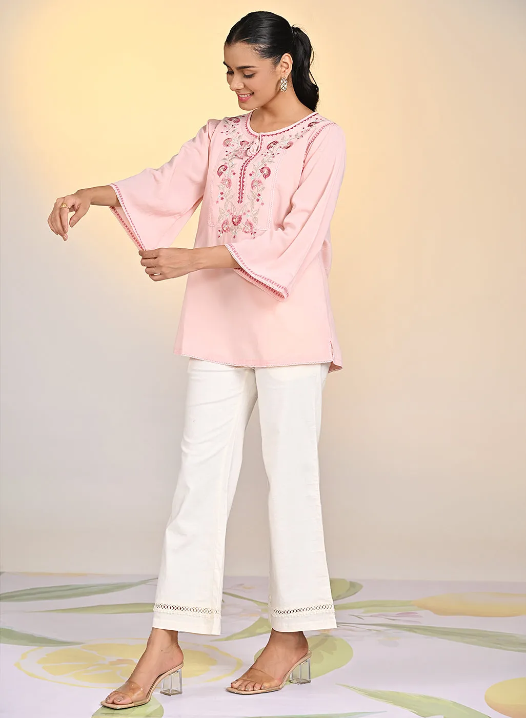 Elnaz Peach Embroidered Top For Women