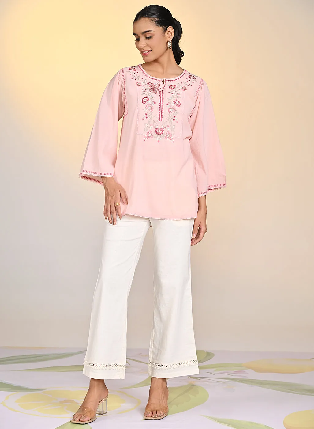 Elnaz Peach Embroidered Top For Women