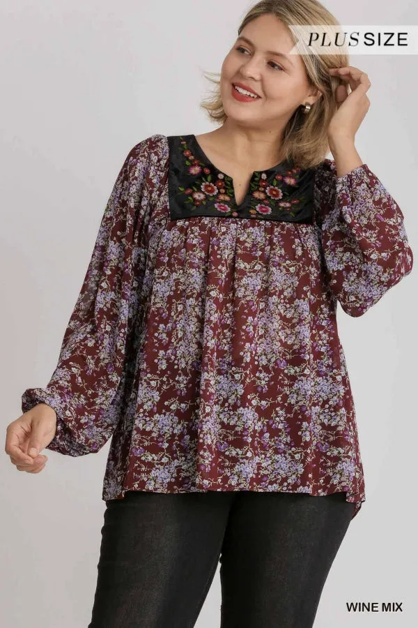 Embroidered Velvet Yoke Floral Blouse