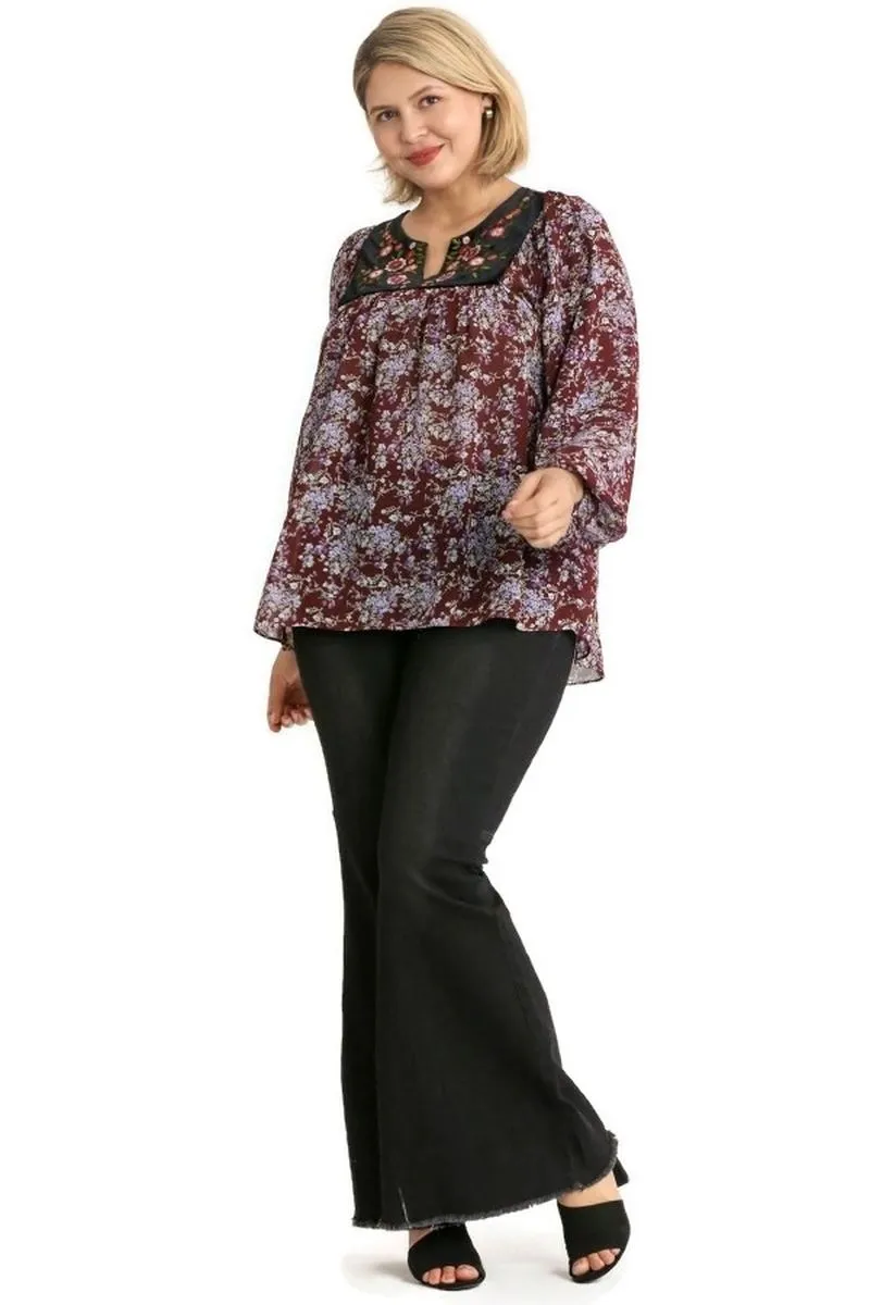 Embroidered Velvet Yoke Floral Blouse