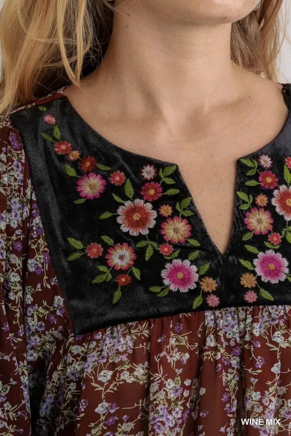 Embroidered Velvet Yoke Floral Blouse