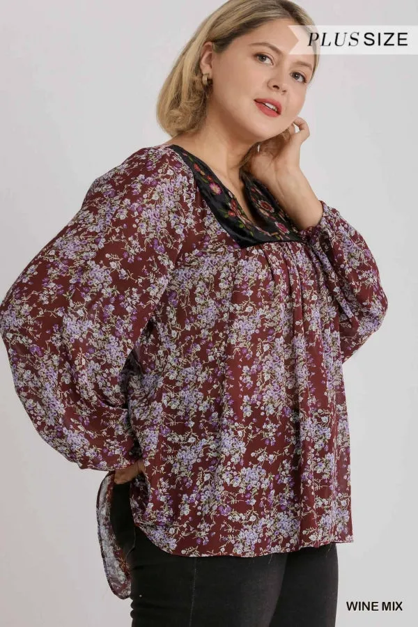 Embroidered Velvet Yoke Floral Blouse