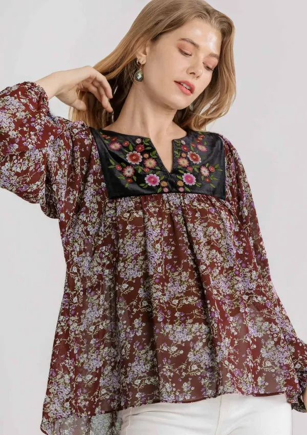 Embroidered Velvet Yoke Floral Blouse