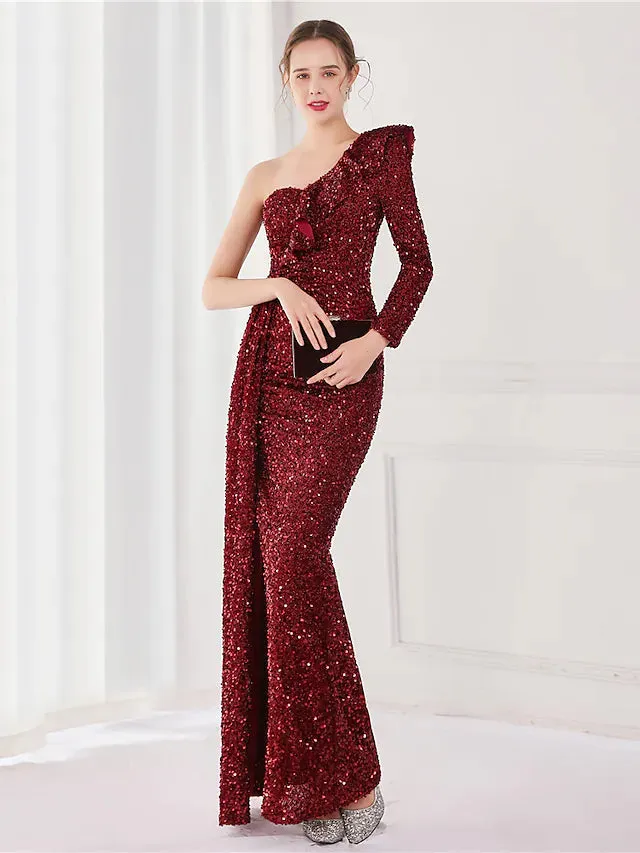 Evening Gown Elegant Dress Wedding Guest Floor Length Long Sleeve One Shoulder Sequined V Back with Sequin Slit