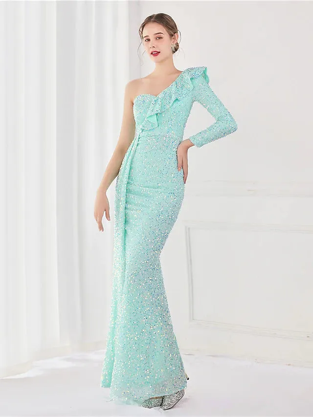 Evening Gown Elegant Dress Wedding Guest Floor Length Long Sleeve One Shoulder Sequined V Back with Sequin Slit