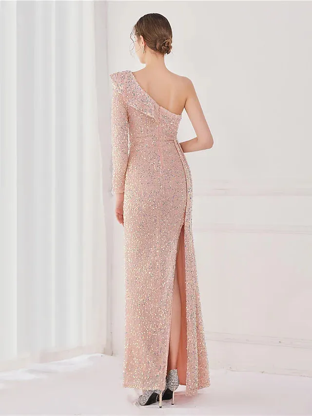 Evening Gown Elegant Dress Wedding Guest Floor Length Long Sleeve One Shoulder Sequined V Back with Sequin Slit