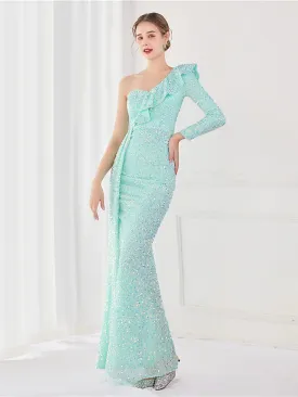 Evening Gown Elegant Dress Wedding Guest Floor Length Long Sleeve One Shoulder Sequined V Back with Sequin Slit