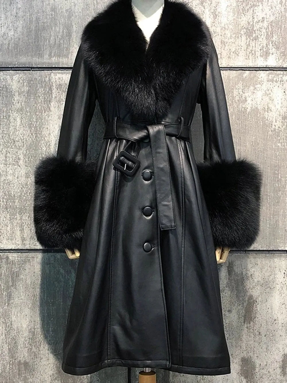 Faux Fur Genuine Leather Coat in Black