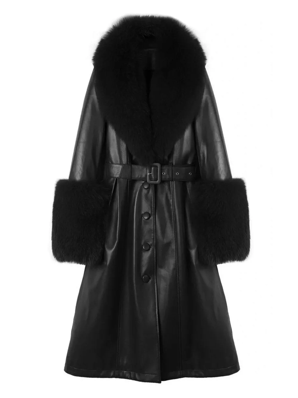 Faux Fur Genuine Leather Coat in Black