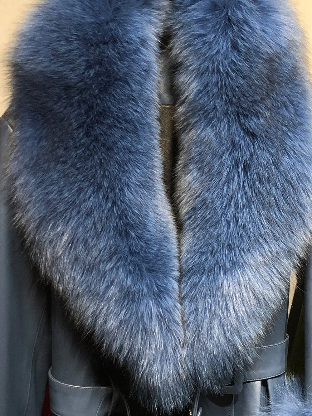 Faux Fur Genuine Leather Coat in Navy