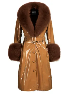 Faux Fur Genuine Patent Leather Coat in Brown