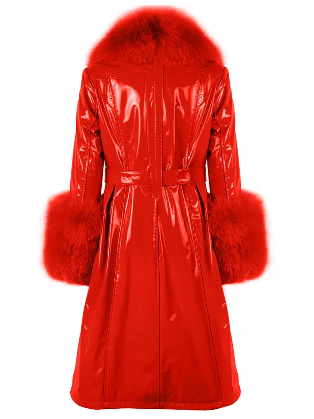 Faux Fur Genuine Patent Leather Coat in Red