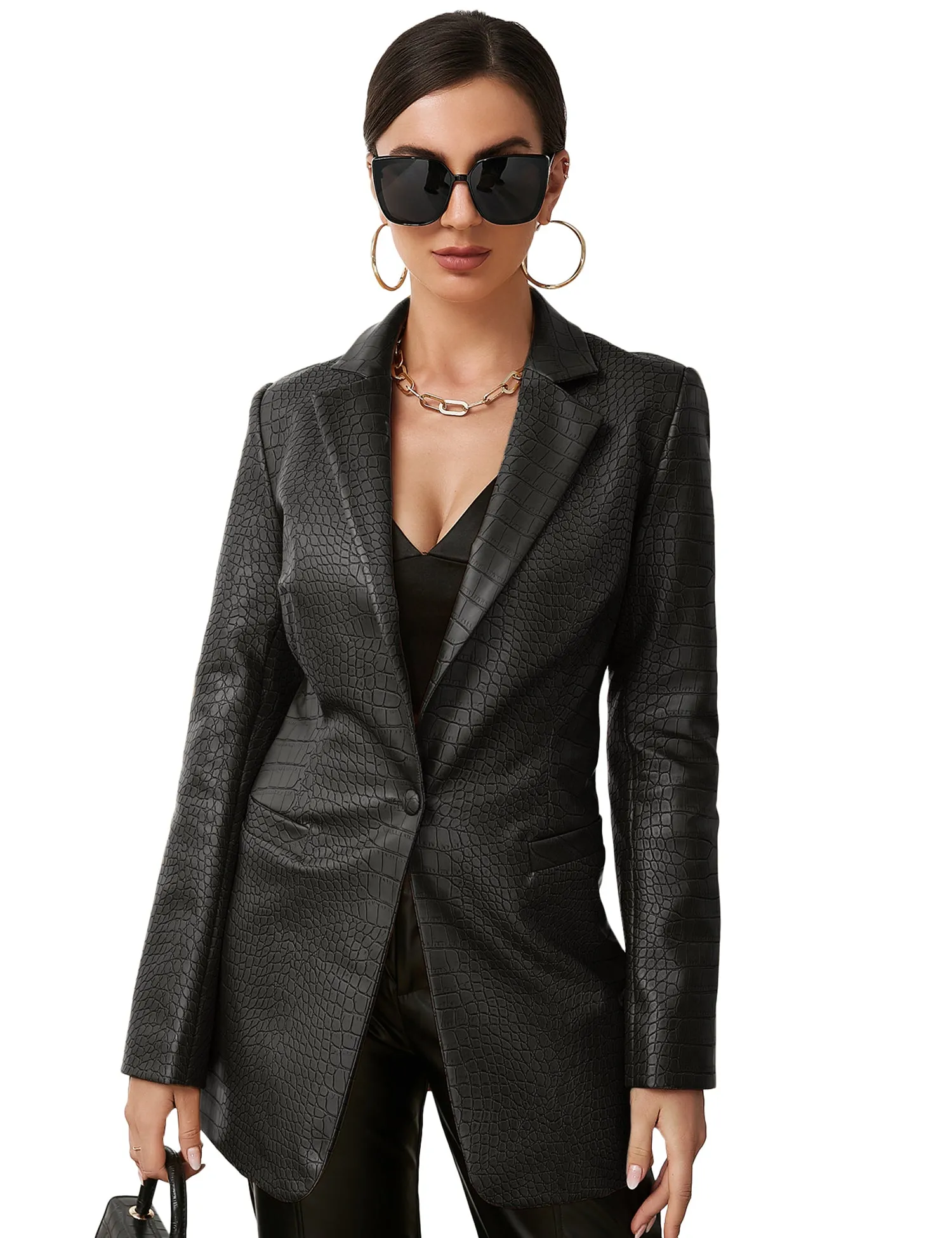 Faux Leather Crocodile Pattern Blazer Jacket In Black