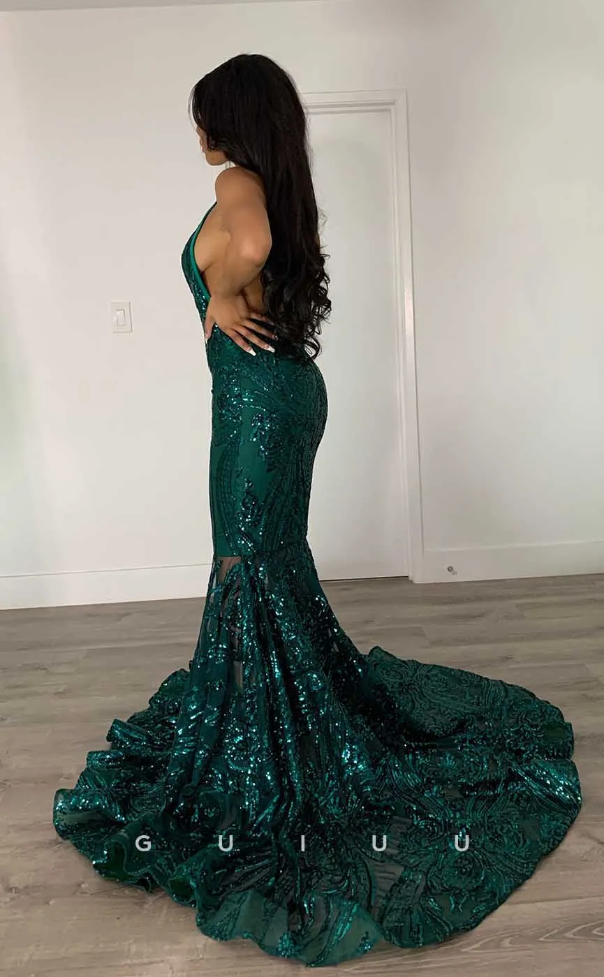 G4428 -Sexy & Hot Mermaid V Neck Spaghetti Straps Fully Sequined Sleeveless Formal Prom Gown woth Train for Black Girl Slay