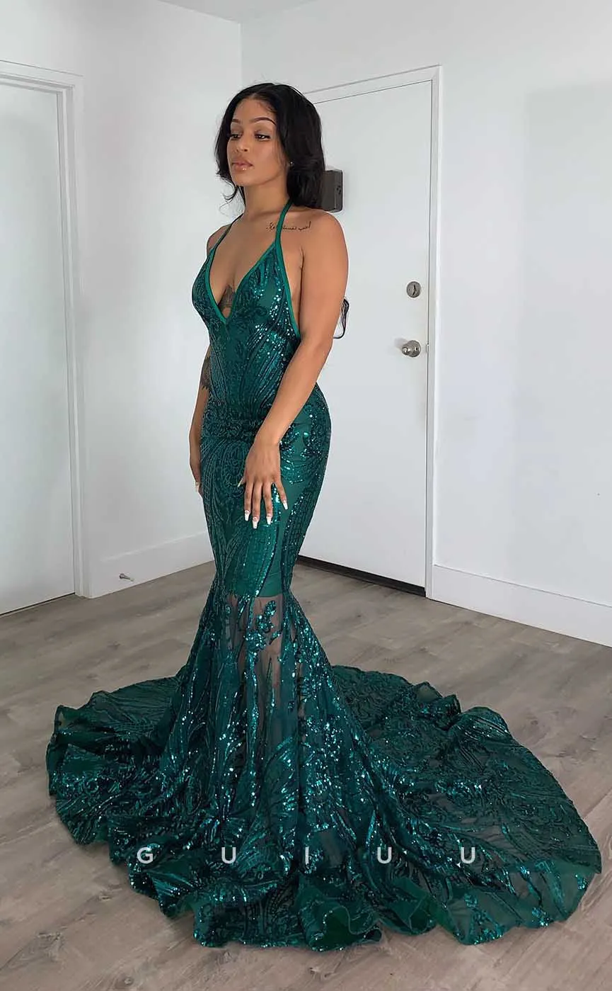 G4428 -Sexy & Hot Mermaid V Neck Spaghetti Straps Fully Sequined Sleeveless Formal Prom Gown woth Train for Black Girl Slay