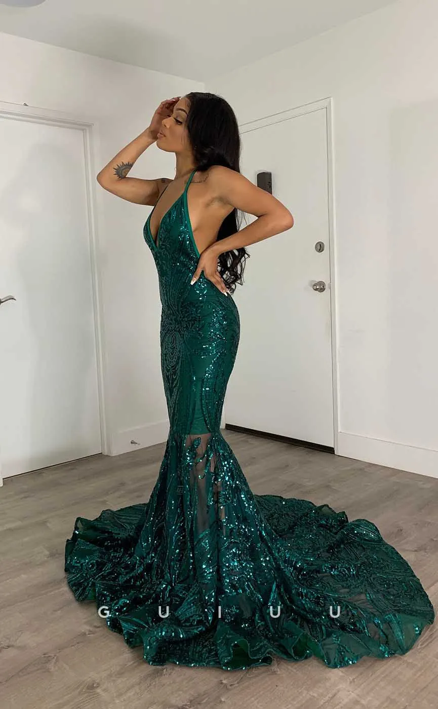 G4428 -Sexy & Hot Mermaid V Neck Spaghetti Straps Fully Sequined Sleeveless Formal Prom Gown woth Train for Black Girl Slay