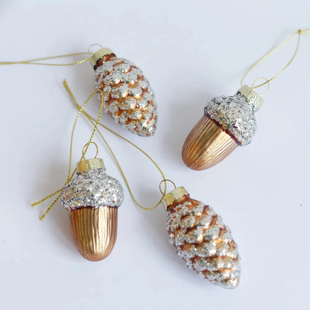 Glass Pine Cones Acorns Christmas Tree Ornaments Set of Four