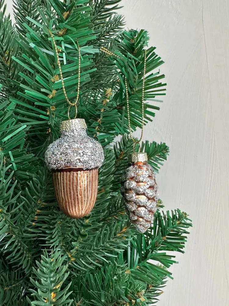 Glass Pine Cones Acorns Christmas Tree Ornaments Set of Four